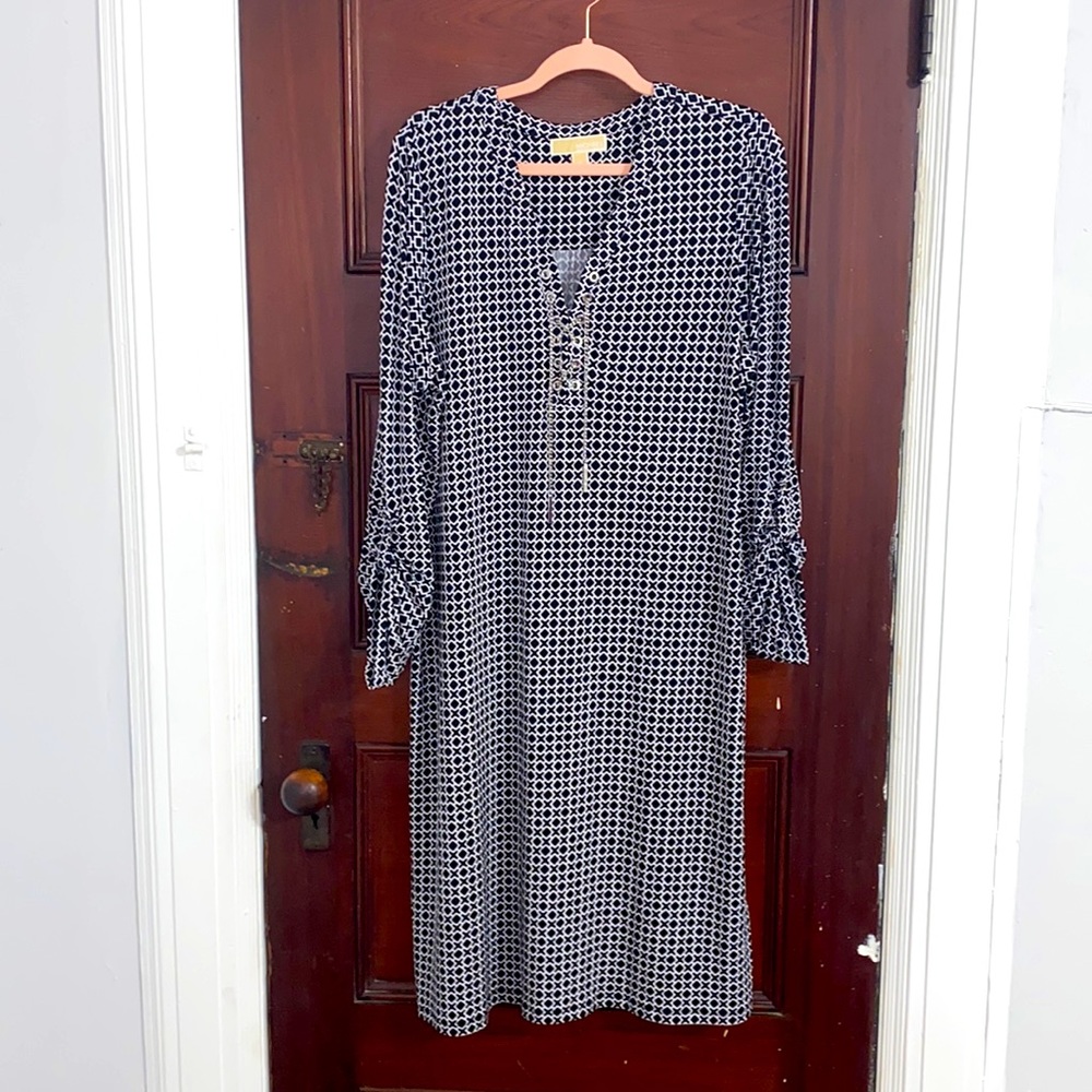 Michael Kors Black and White Chain Lace-Up Geometric Dress